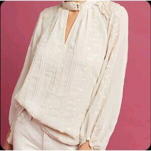 Tiny Anthropologie Blouse Medium Victorian Embroidery Balloon Sleeve High Collar